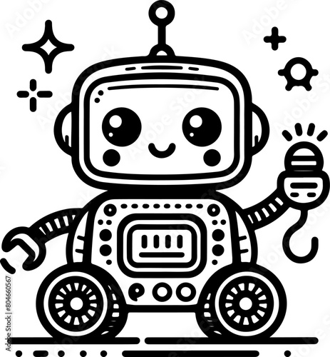 Cute little robot black outline illustration. Coloring book.