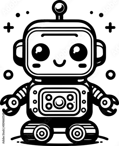 Cute little robot black outline illustration. Coloring book.