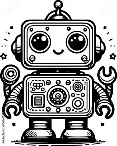 Cute little robot black outline illustration. Coloring book.