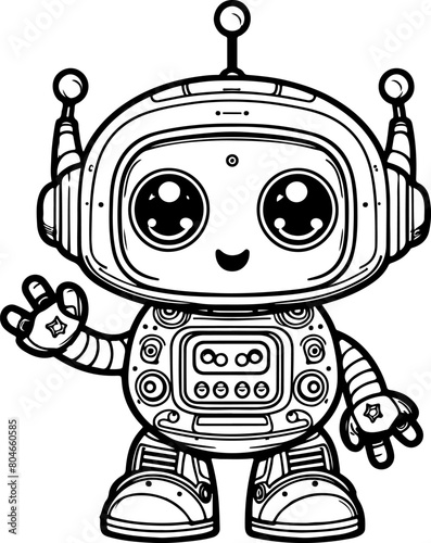 Cute little robot black outline illustration. Coloring book.