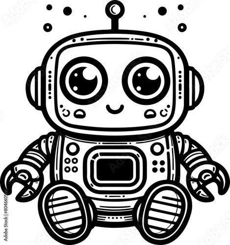 Cute little robot black outline illustration. Coloring book.