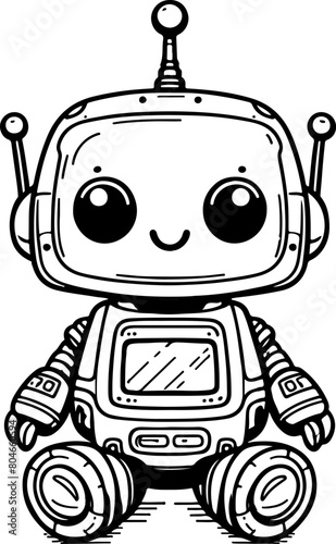 Cute little robot black outline illustration. Coloring book.