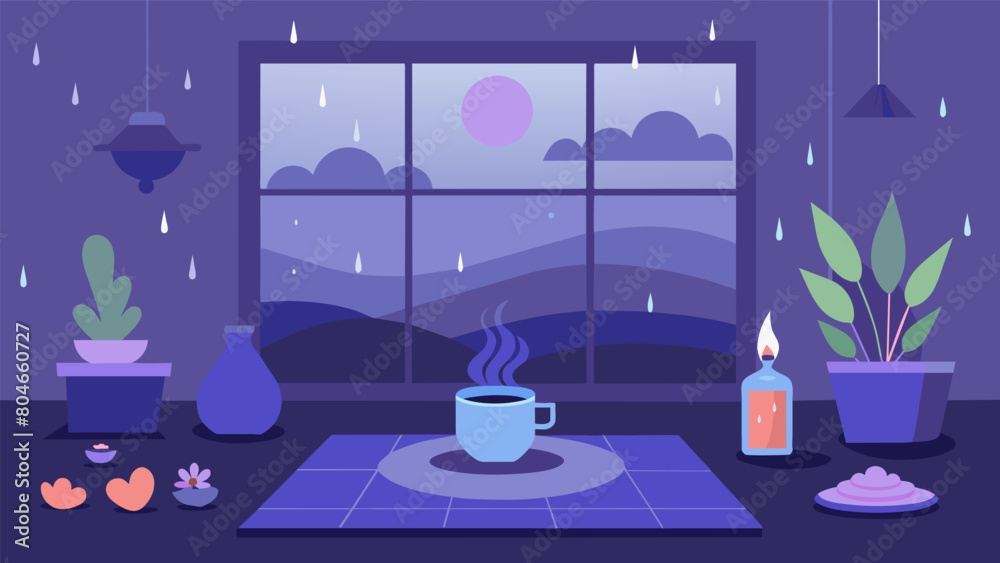 The room is filled with the soothing sound of gentle rain and the scent of lavender creating a tranquil ambiance for the yoga and tea experience.. Vector illustration