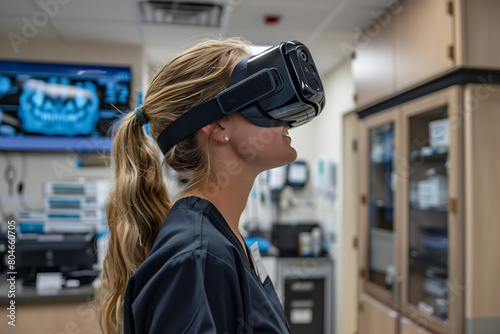A nurse explores virtual scenarios with a VR headset in a medical supply room, enhancing her skills. AI Generated.