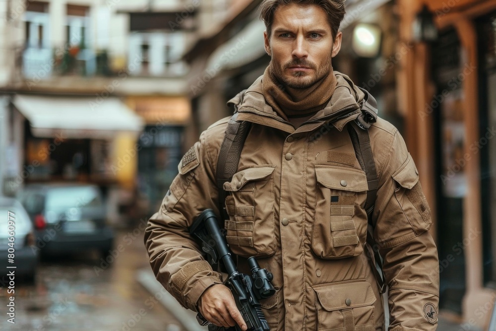A man with a serious expression, dressed in a military jacket, stands on a city street A man with a serious expression, dressed in a military jacket, stands on a city street