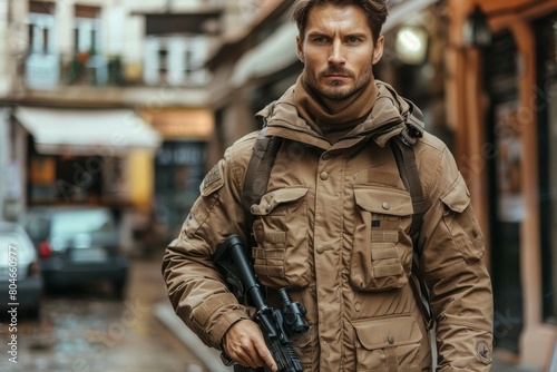 A man with a serious expression, dressed in a military jacket, stands on a city street