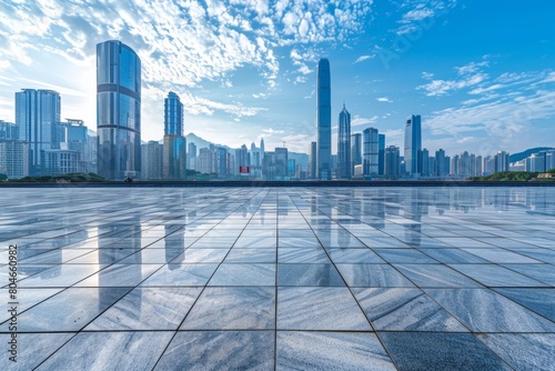 Empty square floor with a city skyline background, a marble texture surface, a panoramic view of commercial buildings and skyscrapers in Shenzhen, China at a blue morning sky Generative AI