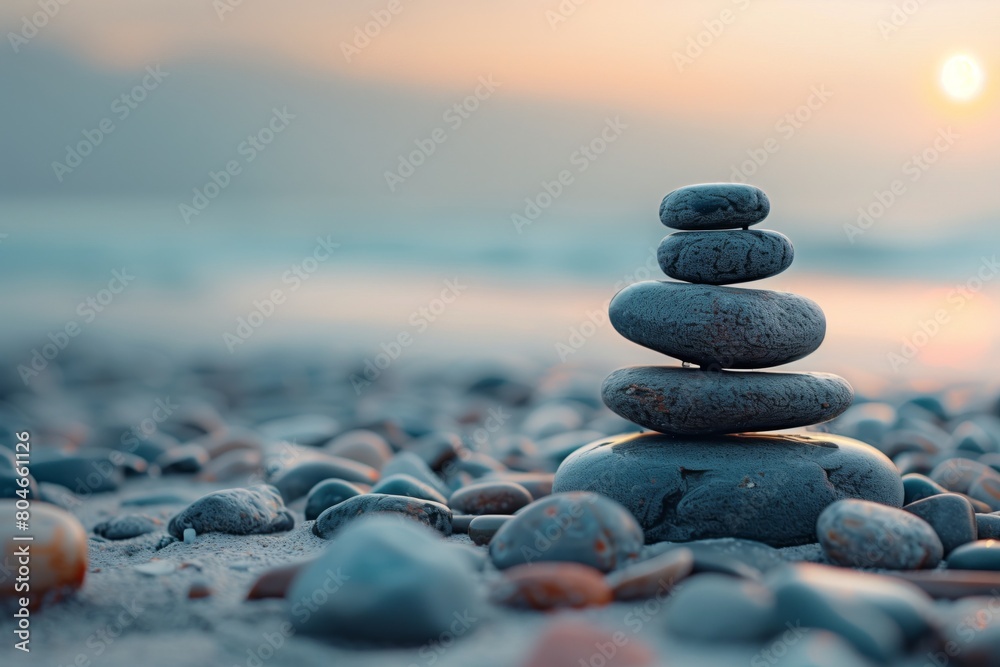 Stacked smooth pebbles on a serene beach at sunrise, embodying the essence of balance and meditation AI Generated.