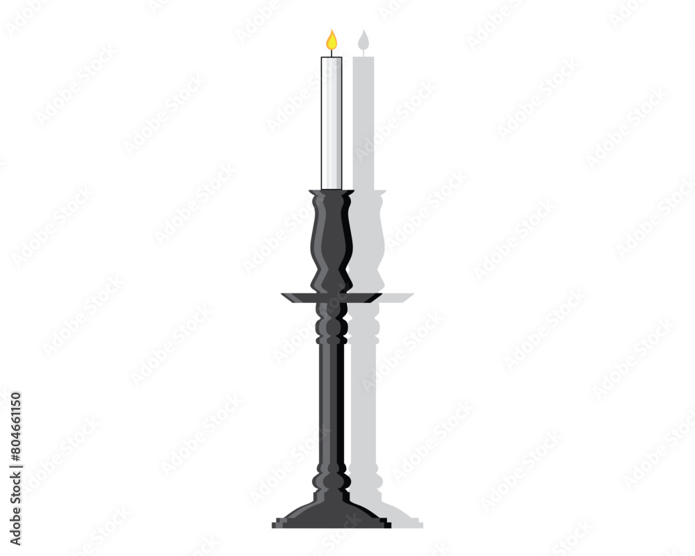 vector design of a burning candle with a black holder or container in the shape of a long pole filled with artistic carvings vector design of a burning candle with a black holder or container in the shape of a long pole filled with artistic carvings