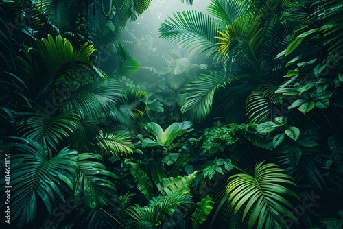 An enchanted view of the jungle undergrowth  illuminated by subtle sunlight  showcasing the myriad of green shades and textures. AI Generated