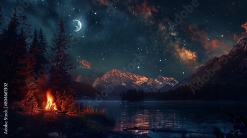 Summer night magic. starry skies, bonfires, and moonlit adventures under dark red and blue colors