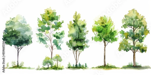 Watercolor Green Tree on White Background Generative AI