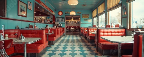 A vintagestyle hotel cafeteria with retro decor and a classic American diner menu