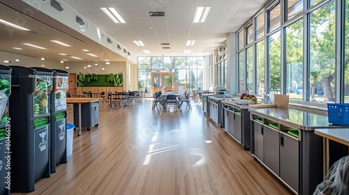 An ecofriendly school cafeteria with recycling bins, organic food options, and natural light