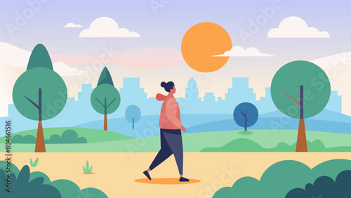 A sunrise walk in the park starting the day with positive intentions and mindfulness exercises.. Vector illustration
