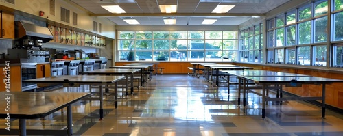A quiet school cafeteria in the morning before students arrive, showing clean tables and a food serving area photo