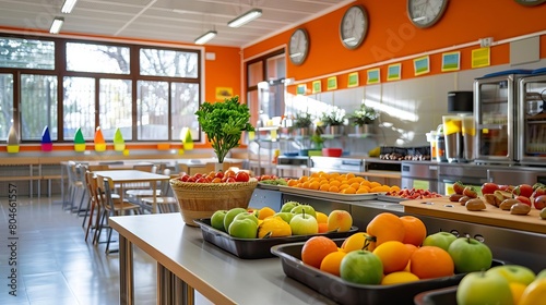 A modern elementary school cafeteria with bright decor and a healthy food buffet for young students photo