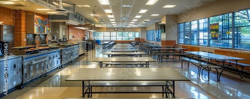 A quiet school cafeteria in the morning before students arrive, showing clean tables and a food serving area photo