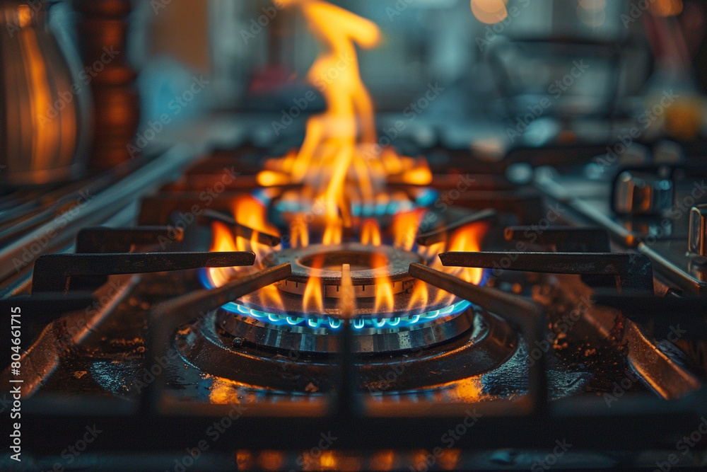 A gas stove with flames on it. Gas is not very clean, so flame is mostly yellow AI A gas stove with flames on it. Gas is not very clean, so flame is mostly yellow AI