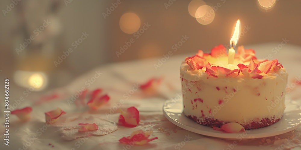 Birthday cake with rose petals and burning candle on blurred background with copy space Birthday cake with rose petals and burning candle on blurred background with copy space