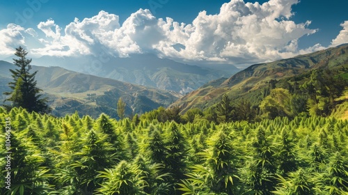 Medical weed pant cannabis marijuana field outddor farm nature wild. Cannabis or marijuana outdoors plantation growing on the mountains. Wide angle