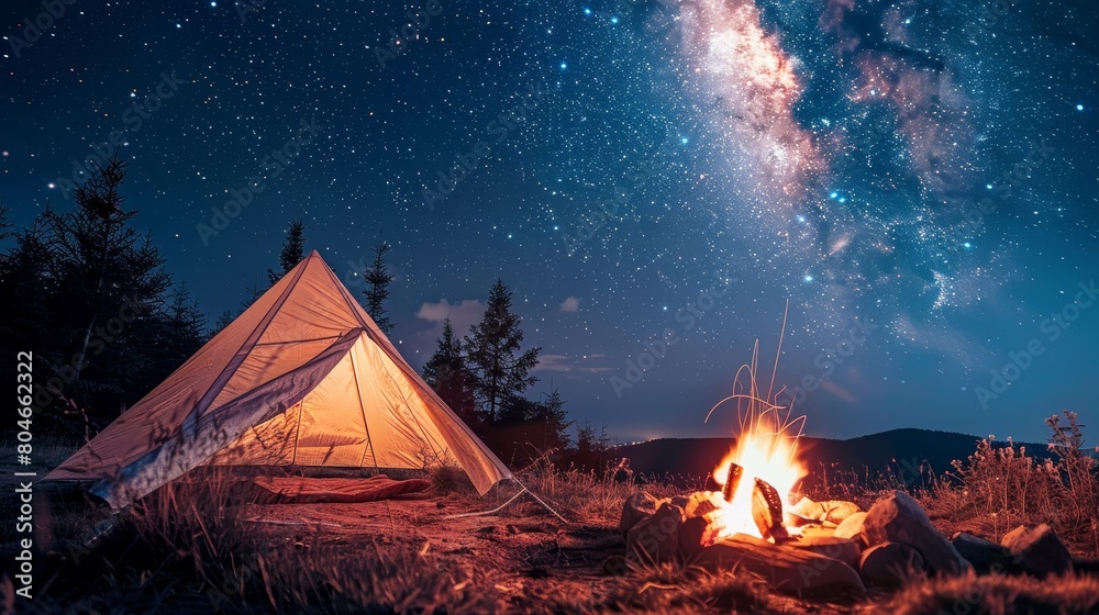 Summer night magic. starry skies, bonfires, moonlit adventures for romantic summer evenings