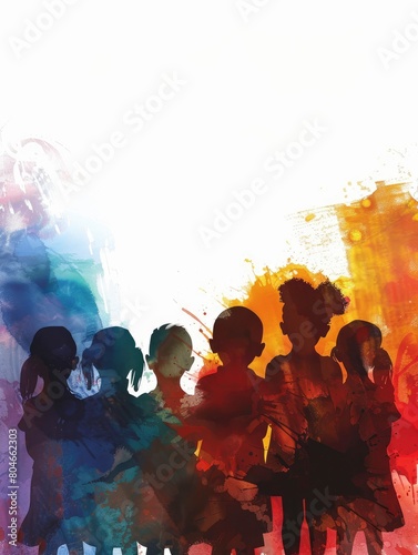 Silhouette back refugee kid group.Responsible.Kid child boy and girl worship.World kids day, Pray and worship, Hope, freedom, Diverse, Faith.World refugee day.Juneteenth kid.Friends - generative ai © Nia™