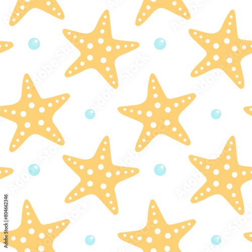 Seamless pattern with starfish, vector illustration. Starfish, summer background. Trendy pattern in flat style, design for wrapping paper, wallpaper, stickers, notebook cover.