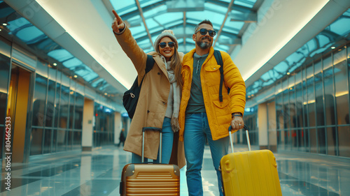 Cheerful Couple Standing With Luggage in Airport Terminal And Pointing Away,