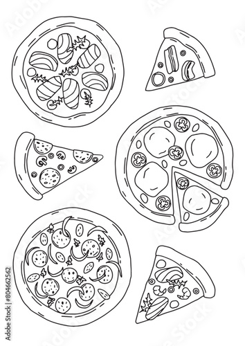 color drawn vector set of different types of pizza
