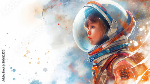 children's illustration of a child watercolor astronaut on , a fairy tale about space flight