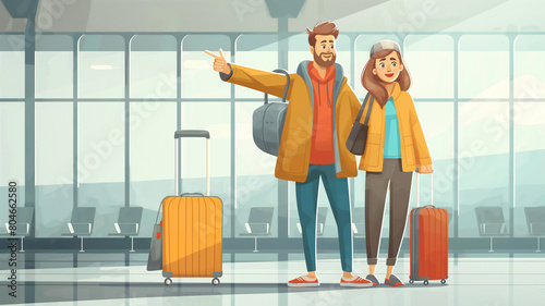  couple with suitcase, standing outdoors at airport and checking their flight schedule, looking at the ticket and smartphone. Business trip together. People, travel,