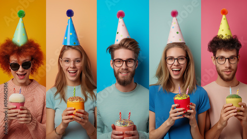 Group of happy people celebrating Birthday on color background