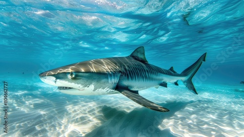 Tiger Shark in its Natural Habitat - Underwater View from Grand Bahama, Bahamas for Ocean & Animal © Serhii