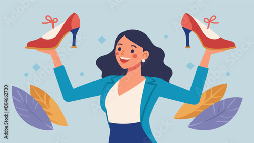 A woman triumphantly holds up a pair of designer shoes she found at a consignment store for a fraction of the original price.. Vector illustration