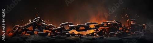 A chain of rusty chains is shown in a black and orange background photo