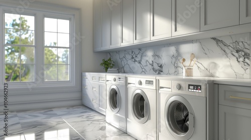 Stylish Luxury Laundry Room with Clean and Bright Design, Grey Backsplash, and Hardwood Floors