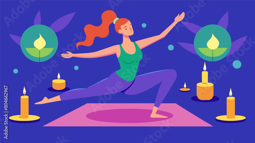 A woman gracefully flowing through a sequence of poses on a vibrant yoga mat surrounded by glowing candles and gentle instrumental music.. Vector illustration