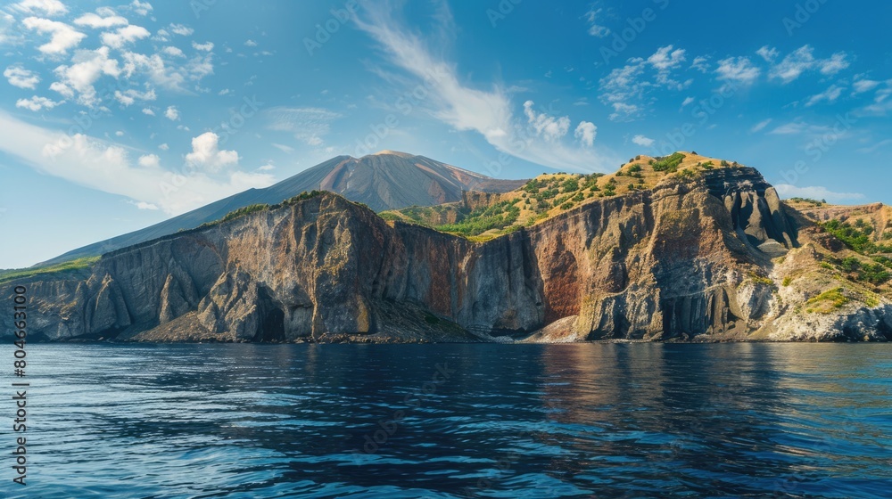 Serene Landscape of Island, Aeolian Islands in the Mediterranean with Clear Blue Ocean
