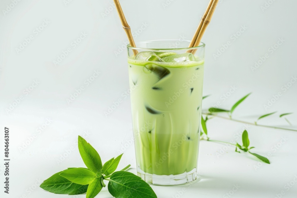 Refreshing and Tasty Iced Matcha Latte with Milk and Bamboo Straw, Made with Traditional Matcha Refreshing and Tasty Iced Matcha Latte with Milk and Bamboo Straw, Made with Traditional Matcha