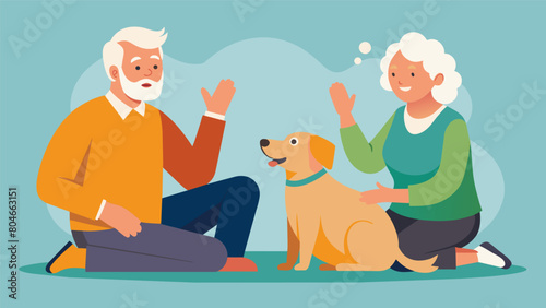 An elderly couple sitting with their dog who has been using the interpreter to express his feelings and needs.. Vector illustration