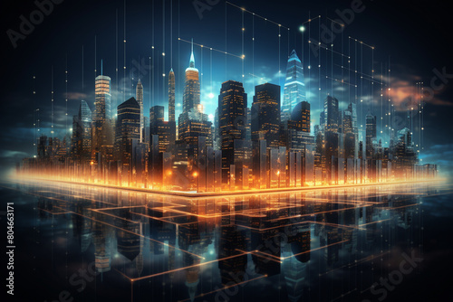 A hologram of a city skyline brings to life an investors diversified portfolio with buildings representing different stocks and ets.