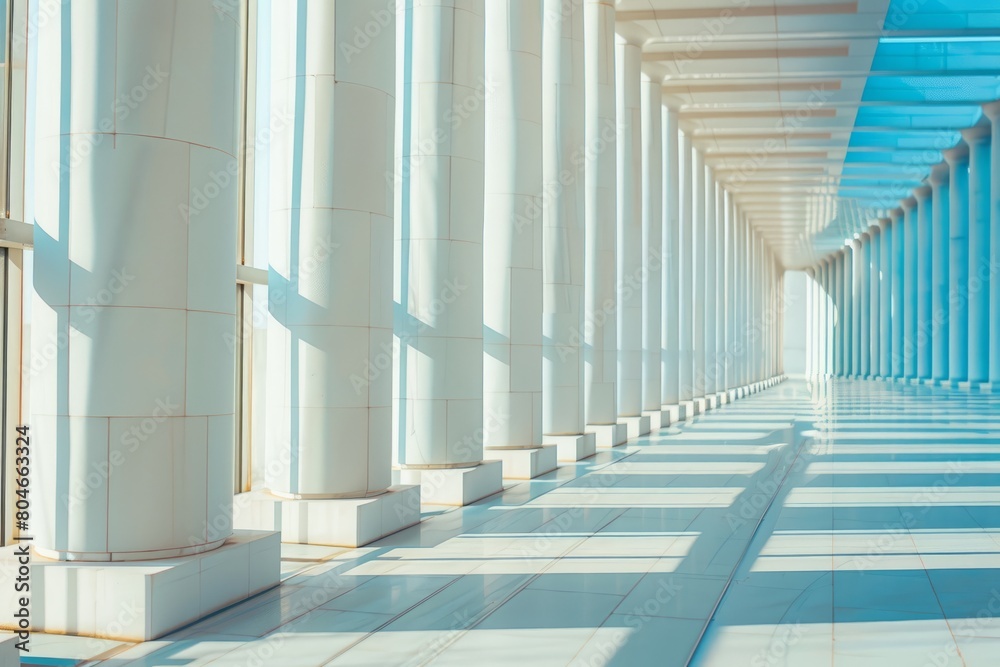 A long hallway featuring tall columns and a skylight, creating a grand and elegant architectural space A long hallway featuring tall columns and a skylight, creating a grand and elegant architectural space