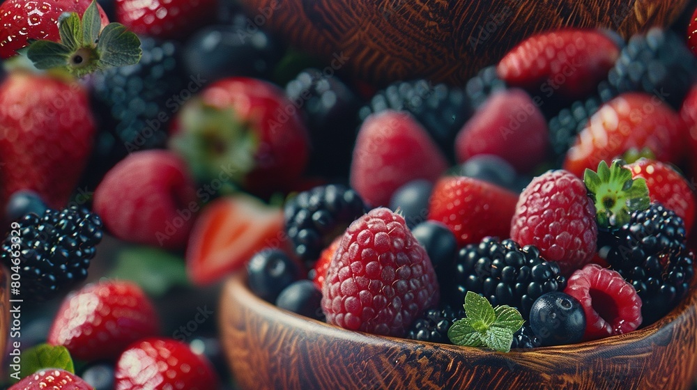 A bowl brimming with berries and raspberries atop a mound of strawberries and raspberries A bowl brimming with berries and raspberries atop a mound of strawberries and raspberries