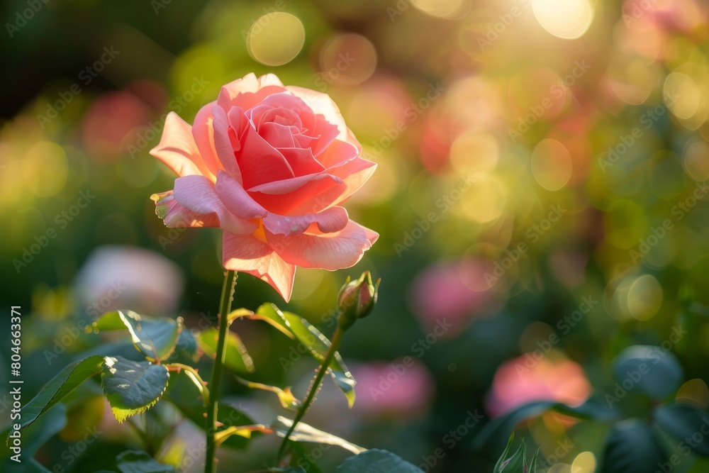 Obraz premium A single pink rose blossoming among a variety of flowers in a garden