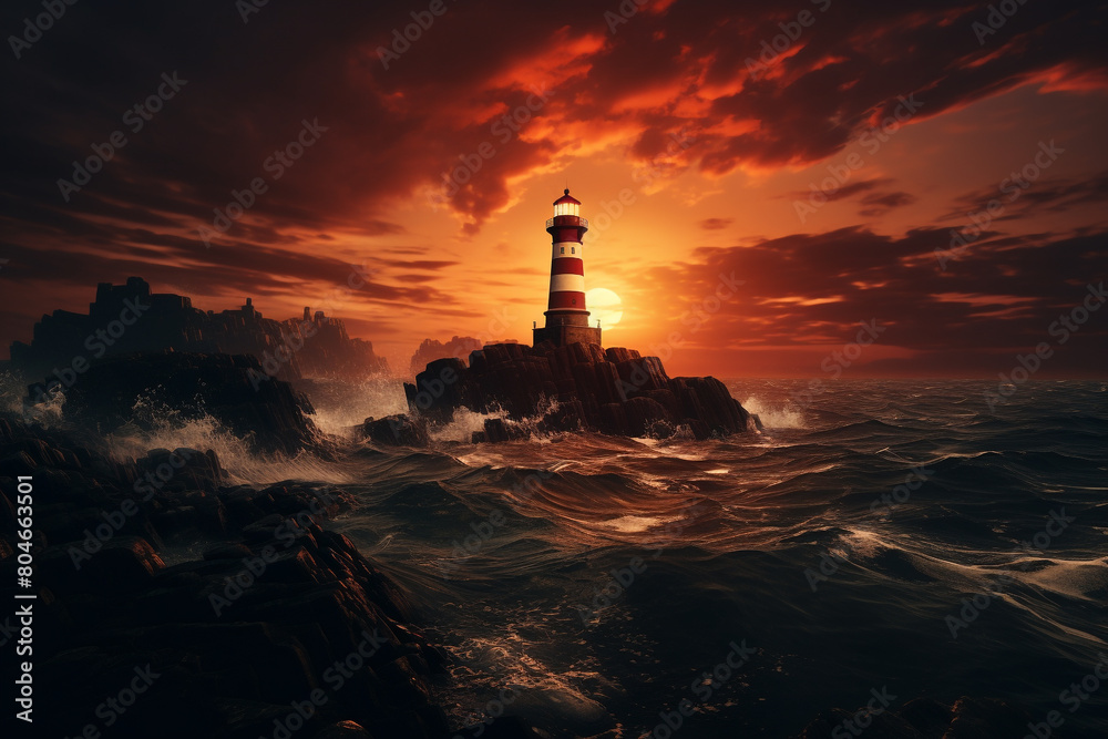A lone lighthouse standing tall against the backdrop of a fiery sunset, guiding ships safely home, isolated on solid.