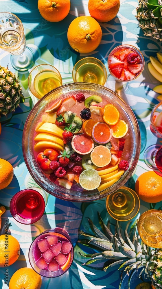 Exotic Fruit Punch Bowl Surrounded by Glasses and Pineapples