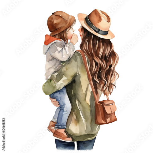 Mother holding her child in her arms, watercolor illustration