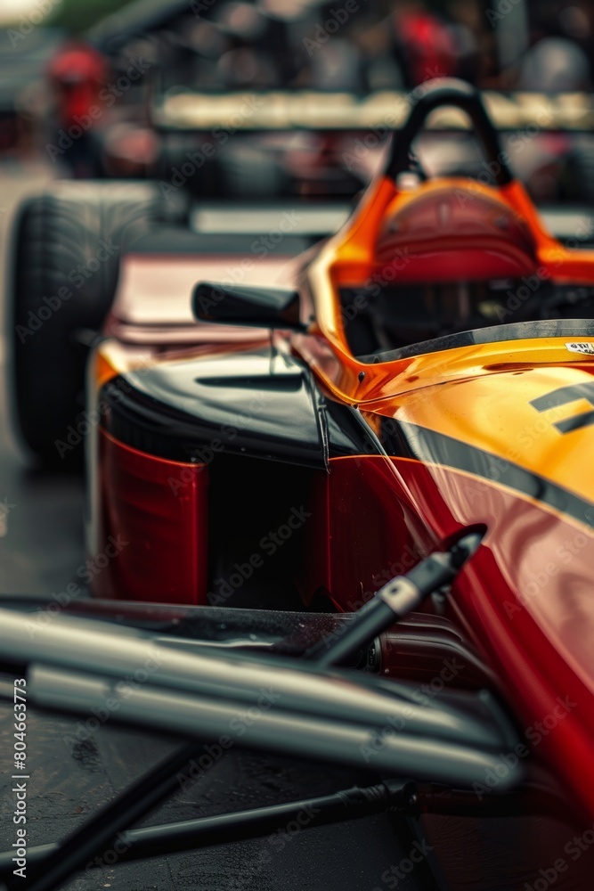 Obraz premium Colorful f1 racing cars in juicy red, brown, yellow and black speeding on the track