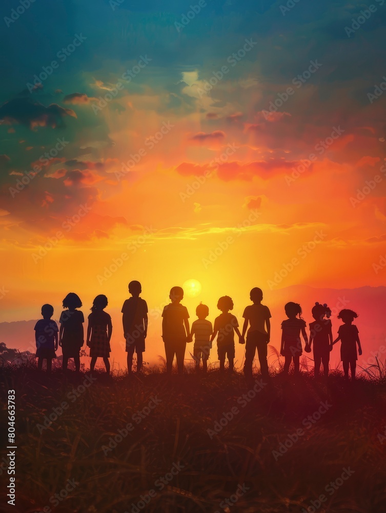 Silhouette back refugee kid group.Responsible.Kid child boy and girl worship.World kids day, Pray and worship, Hope, freedom, Diverse, Faith.World refugee day.Juneteenth kid.Friends - generative ai